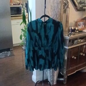 A:Green and Black Graphic Long Sleeve Dress with Mandarin Collar